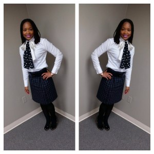 White Collar Shirt with a PussyBow Neck Tie made by doitagainconsignment store Jxn Ms Black&White Strikes High Waisted Pencil Skirt Checker Print Leggings