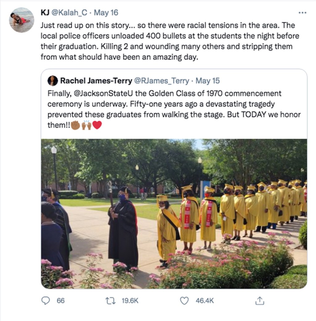 Tweet about JSU’s Golden Class of 1970 tragedy, commencement goes viral and sparks convo among thousands, reaches&nbsp;millions